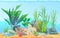 Seascape Rocks and Plants Vector Illustration