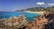 Seascape with rocky mountains and blue sea on sunny summer day. Panoramic landscape of Alanya beach, Turkey.