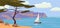 Seascape, sailboat, palm trees, vector illustration