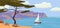 Seascape, sailboat, palm trees, vector illustration, cartoon style, isolated