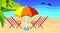 Seascape: sandy beach, beach umbrella, dolphins in the ocean, palm leaves, lighthouse on the cape, summer sky