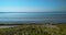 Seascape with sandy beach and green algae on the shore. Seascape with blue sea and sand. Photograph of the sea