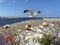 Seascape seagull and seashell , sea water blue sky white clouds  and ocean sum