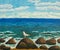 Seascape Seagull on stone Original acrylic painting on canvas