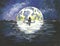 Seascape. Seascape, night sky, blue water, yellow moon and a man in a boat.