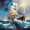 Seascape, ship on the high seas, storm, high waves.