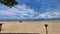 Seascape shot of the beautiful white cloudy blue sky background and beaches at Klong Muang Beach, Krabi Province Thailand.