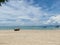 Seascape shot of the beautiful white cloudy blue sky background and beaches at Klong Muang Beach, Krabi, Thailand.