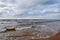 Seascape in summer with kitesurfers and green sails. Cloudy dramatic skies and waves washing the beach