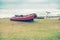 Seascape summer travel machine tent rubber boat Coastline horizon sky with clouds