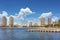 Seascape of sunny day on the pontoon of Odaiba Marine Park and Odaiba beach.