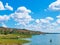 seascape on a sunny summer day: seashore with reeds, hills with olive trees, a lighthouse in the distance, blue sky