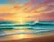 Seascape at sunset with sailboats, seagulls, and a sandy beach