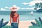 Seascape. Time relax. Young woman in a hat on the beach against the backdrop of a seascape. Illustration.