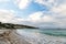 Seascape with town on mountain landscape, nature. Sea beach on cloudy sky in philipsburg, sint maarten. Beach vacation at Caribbea