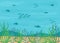 Seascape, underwater background sea flora and fauna. Sea plants and fishes silhouettes. Panoramic marine bottom. Vector