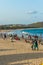 Seascape view with group of people,friends,horse riding,mountain background.Rishikonda beach,Visakhapatnam,AP,India,March 05 2017