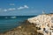 Seascape view of lighthouse and boat, Rayong