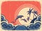 Seascape waves poster with dolphins.