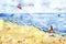 Seascape with waves, sandy shore, ships, sailboats. A girl in a red dress launches a kite. Hand-made watercolor illustration,