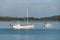 Seascape with white fishing boat and yacht. Summer recreation background