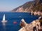 Seascape with white sailboat and tourist submarine.