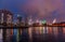 seascape of Yokohama port with lights, Japan, sunset