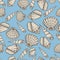 Seashell collection hand drawn aquatic doodle vector illustration. Sketch seamless pattern.