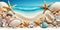 Seashell and Coral Banner on White Sand Beach for Invitations and Posters.