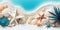 Seashell and Coral Banner on White Sand Beach. Perfect for Invitations and Posters.