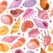 Seashell patterns. Summer beach elements on sand starfish recent vector seamless background for textile design projects