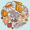 Seashell round icon concept isolated on blue, cartoon vector illustration. Ocean cockleshell explore sea wildlife, set