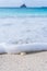 Seashell on sandy beach covered by white foam of rolling ocean wave. Tropical beach with azure water. Rock on horizon