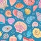 Seashell seamless pattern. Summer ocean print with clam shells, oysters, scallops and shellfish. Marine mollusk