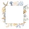 Seashell watercolor square Frame on white isolated background. Hand drawn illustration of backdrop with sea Shells