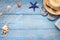 Seashells on blue boards vacation holiday background