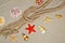 Seashells and nautical rope decoration on sand background with red toy ship