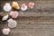 Seashells on Old Weathered Wood Planks Background