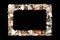 Seashells pattern empty frame on black background isolated close up, blank sea shells border, summer beach holidays concept