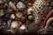 Seashells and pebbles background. Close-up, Experience rich textures with macro photography, showcasing intricate patterns of bark
