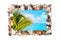 Seashells photo frame white background isolated closeup, sea shells picture border, summer beach holiday, exotic tropical island