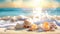 Seashells scattered along the seashore, creating a tranquil beach holiday background. Ai Generated