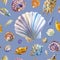 Seashells seamless pattern on a gray-blue background, watercolor