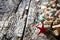 Seashells, shellfish, starfish on wooden background close-up selective focus