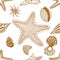 Seashells and starfish seamless pattern