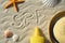 Seashells, starfish, sun hat and sunscreen and the inscription spf on the sand.