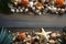 Seashells and starfish on wooden background. Top view with copy space