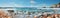 Seashells and starfishes on the beach in a panorama. Ai generated