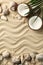 Seashells, starfishes, coconut and palm branch on sea sand background