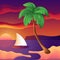 Seashore with a beautiful sunset, a ship and a palm tree with coconuts